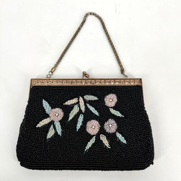 Vintage Beaded Handbag Purse Small Black Pink Floral Kiss Lock Chain Strap - Picture 2 of 11